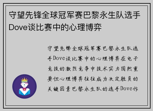 守望先锋全球冠军赛巴黎永生队选手Dove谈比赛中的心理博弈