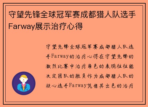 守望先锋全球冠军赛成都猎人队选手Farway展示治疗心得