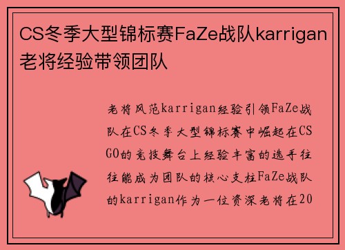 CS冬季大型锦标赛FaZe战队karrigan老将经验带领团队
