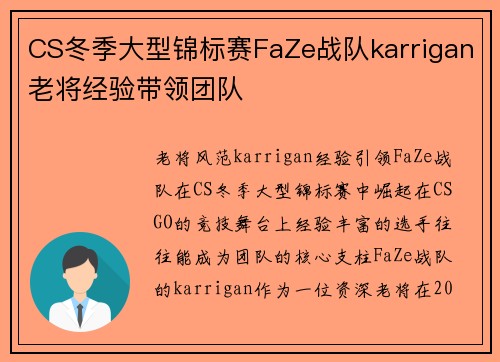 CS冬季大型锦标赛FaZe战队karrigan老将经验带领团队