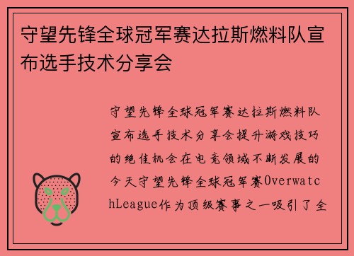 守望先锋全球冠军赛达拉斯燃料队宣布选手技术分享会